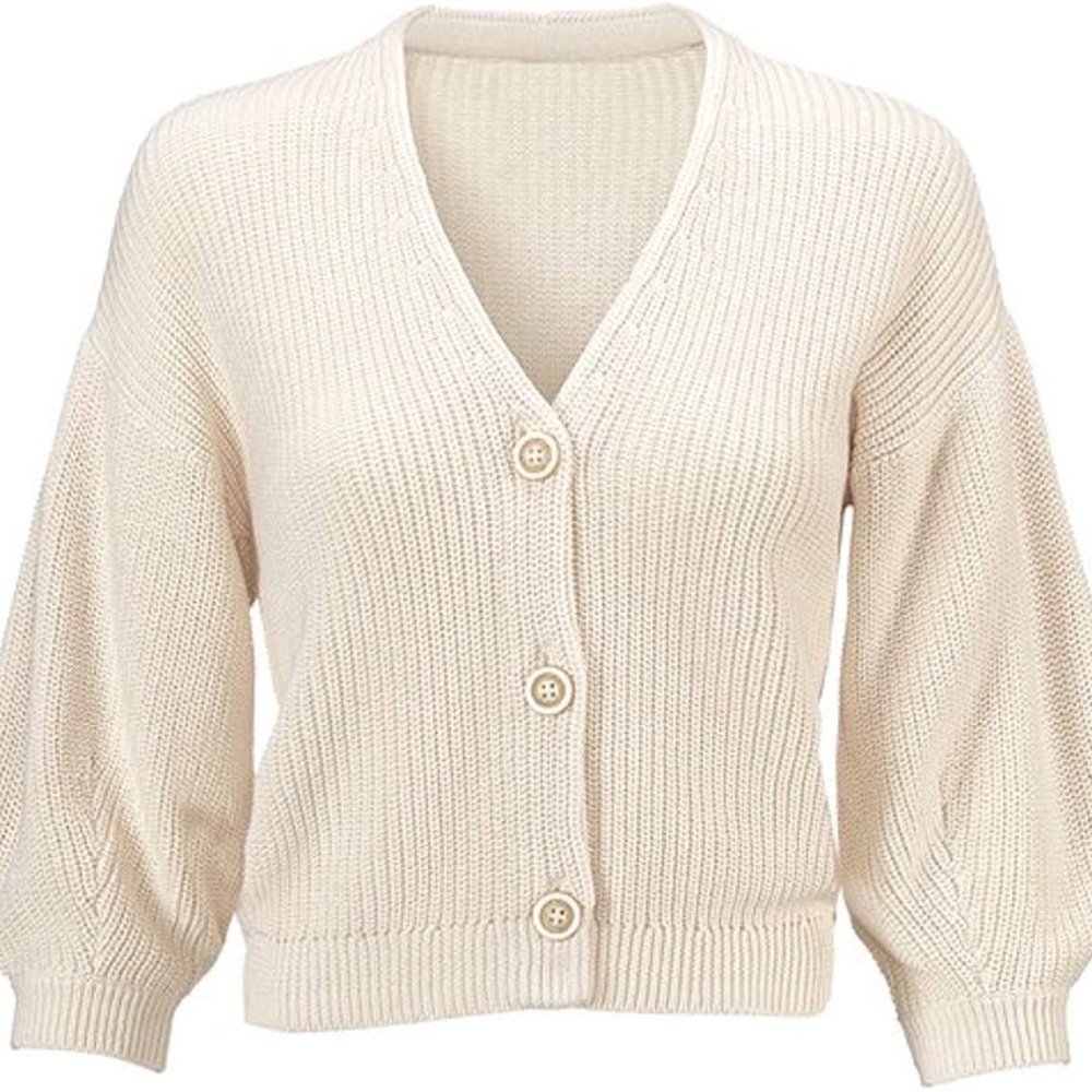 Cabi Bishop Cropped Balloon Sleeve Cardigan in Off White